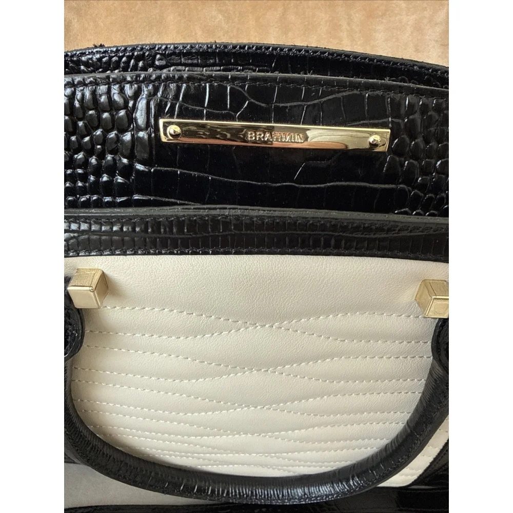 Brahmin Greta Large Creme Black Croc Embossed Leather Satchel